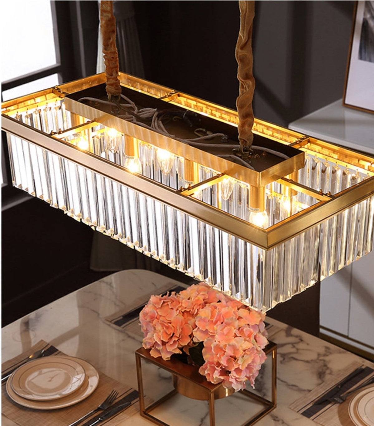 Gold Rectangular Crystal Flat Chandelier - Reflect Lighting