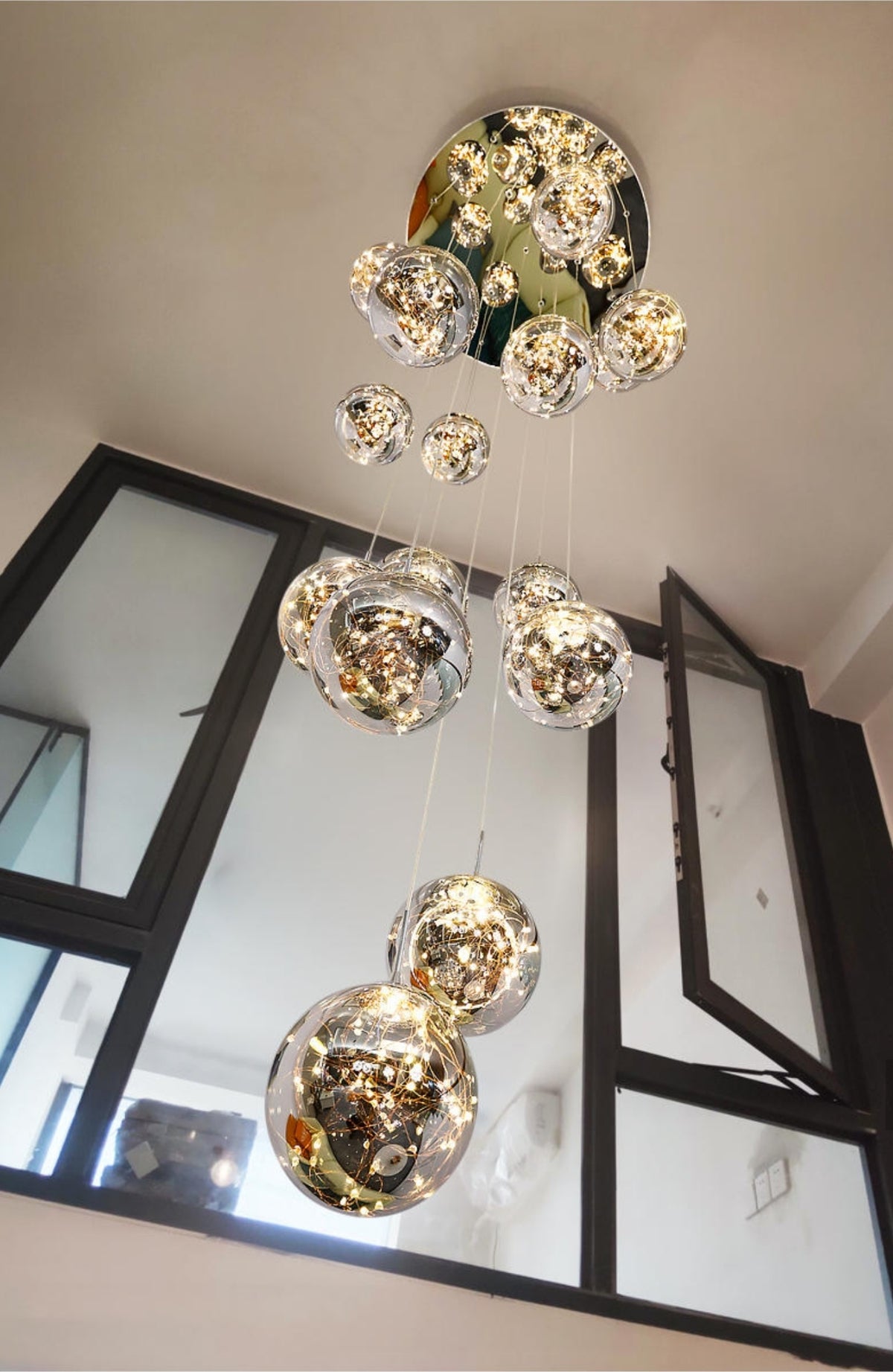 Balle Be Crystal Ball Staircase Chandelier- Smokey Grey/Cognac - Reflect Lighting