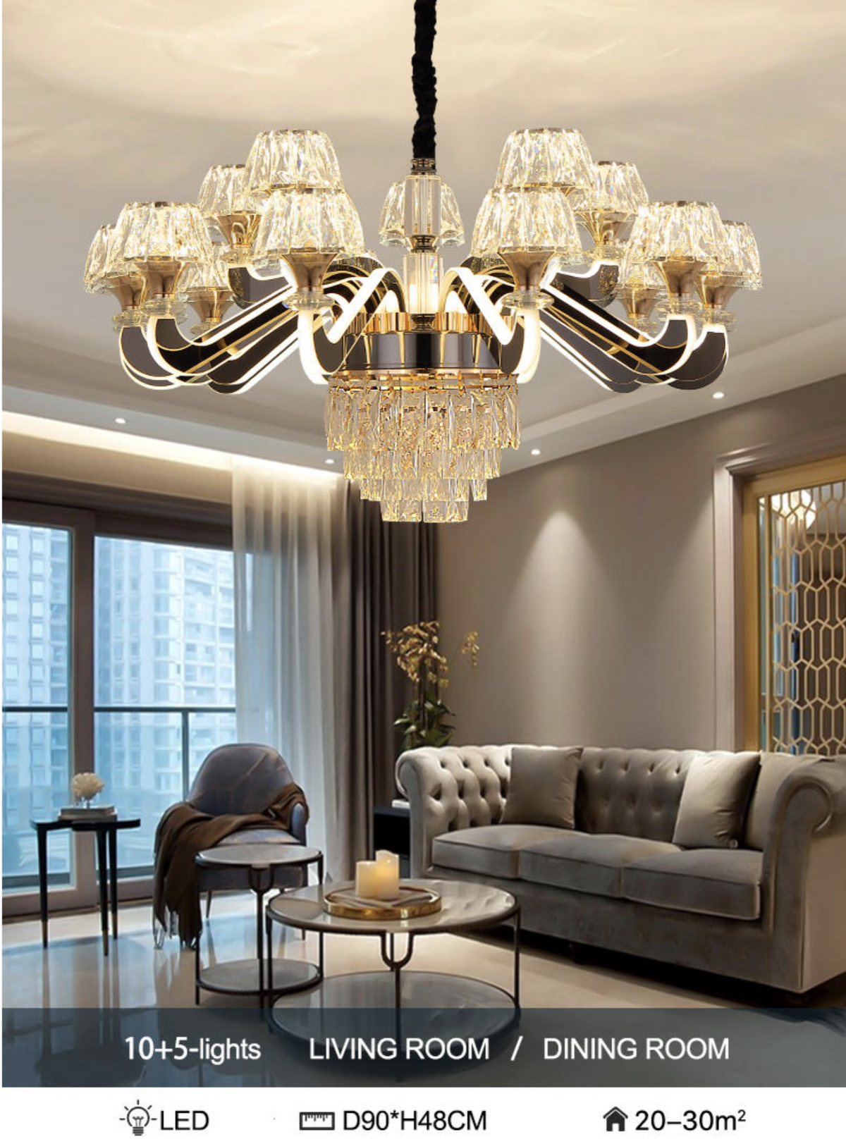 Paulo Tannehill Gold Crystal LED Chandelier - Reflect Lighting