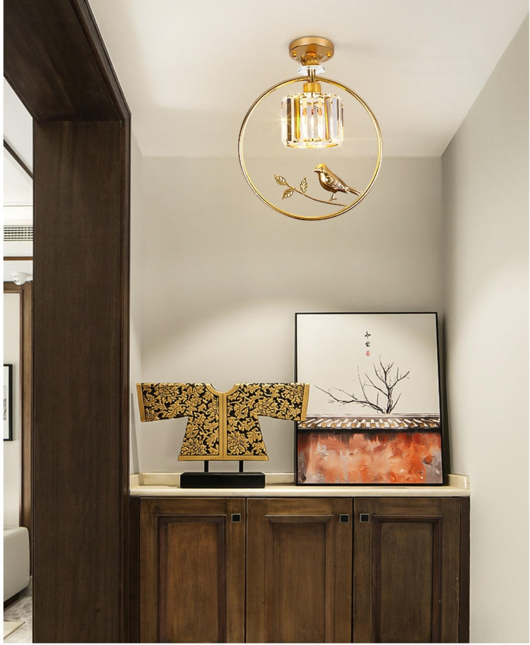 Round Crystal Thrush (Bird) Pendant Light-Gold/Black - Reflect Lighting