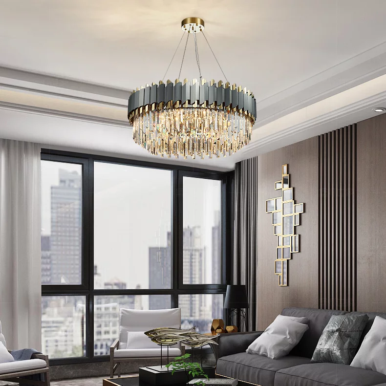 Gray & Gold Crystal Chandeliers-Round/Rectangle - Reflect Lighting