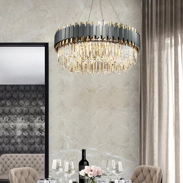Gray & Gold Crystal Chandeliers-Round/Rectangle - Reflect Lighting