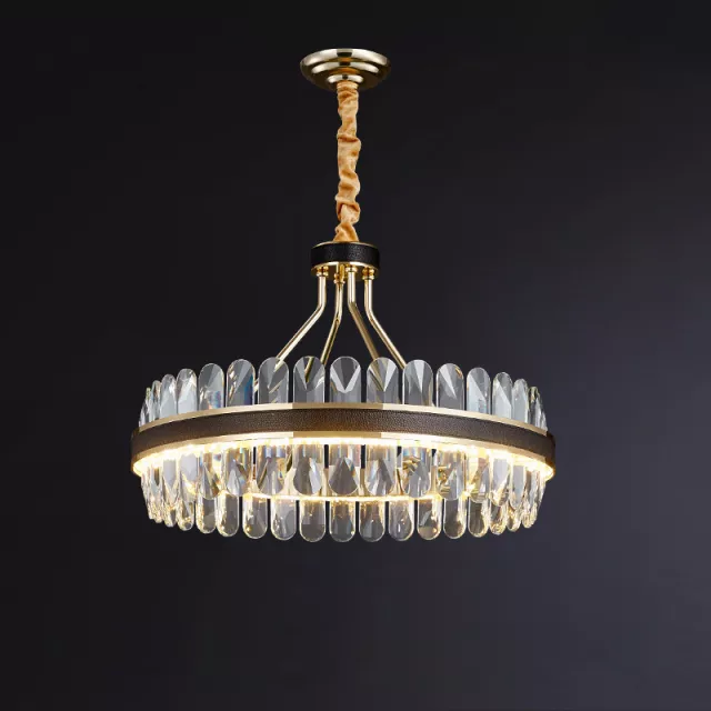 Lladró Black Leather Led Crystal Chandelier- Round/Rectangle - Reflect Lighting