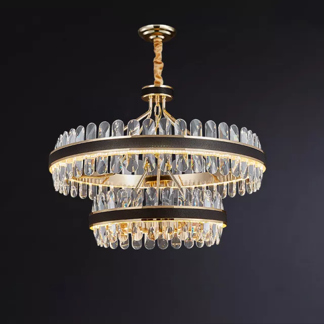 Lladró Black Leather Led Crystal Chandelier- Round/Rectangle - Reflect Lighting