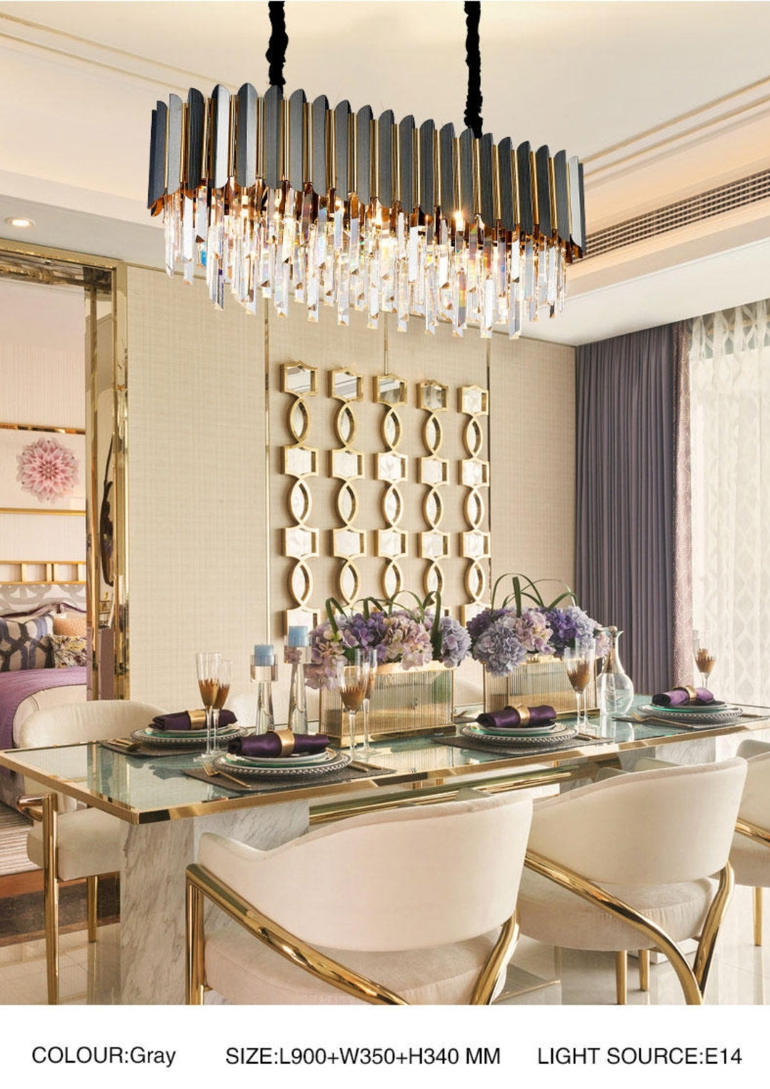 Msambamba Grey & Gold Crystal Chandelier-Round/Rectangle - Reflect Lighting