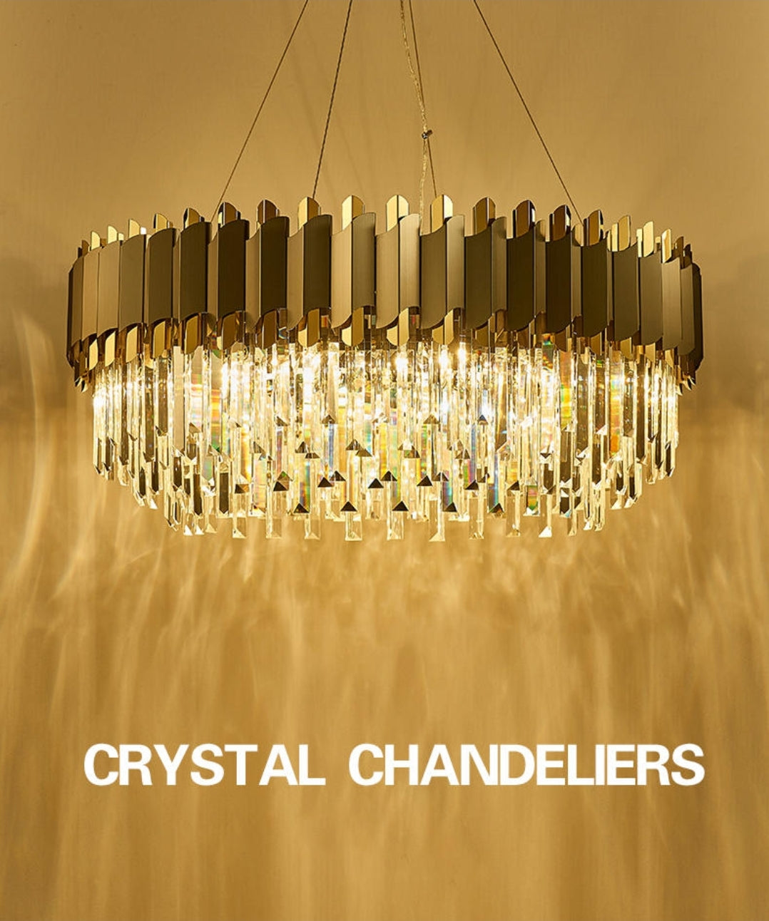 Gray & Gold Crystal Chandeliers-Round/Rectangle - Reflect Lighting