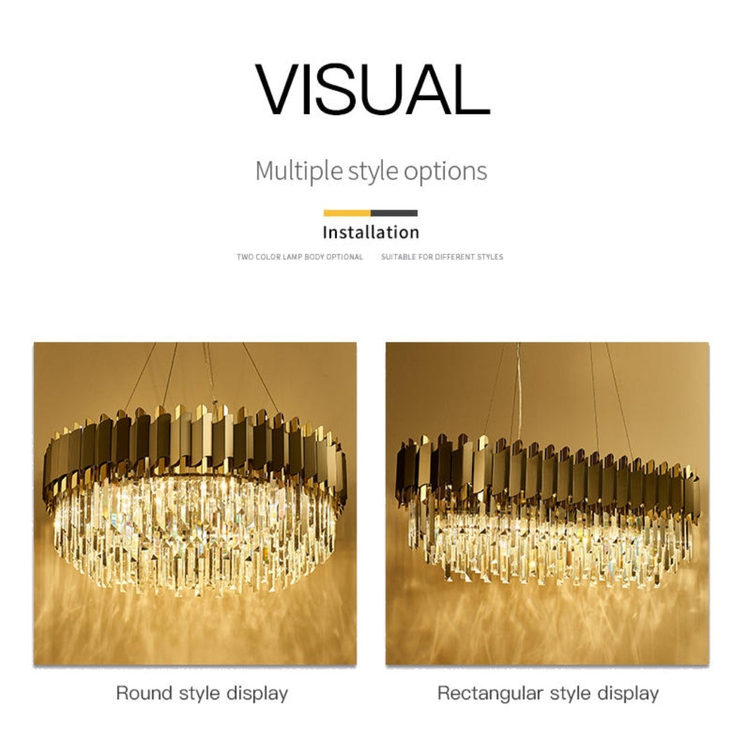 Gray & Gold Crystal Chandeliers-Round/Rectangle - Reflect Lighting