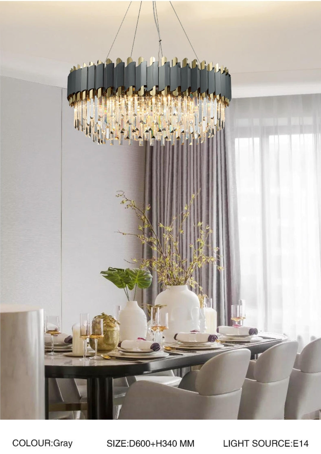 Gray & Gold Crystal Chandeliers-Round/Rectangle - Reflect Lighting