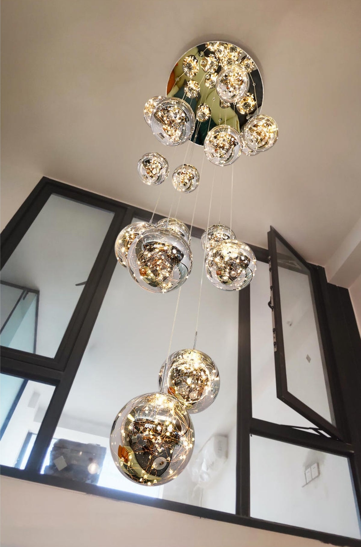 Balle Be Crystal Ball Staircase Chandelier- Smokey Grey/Cognac - Reflect Lighting