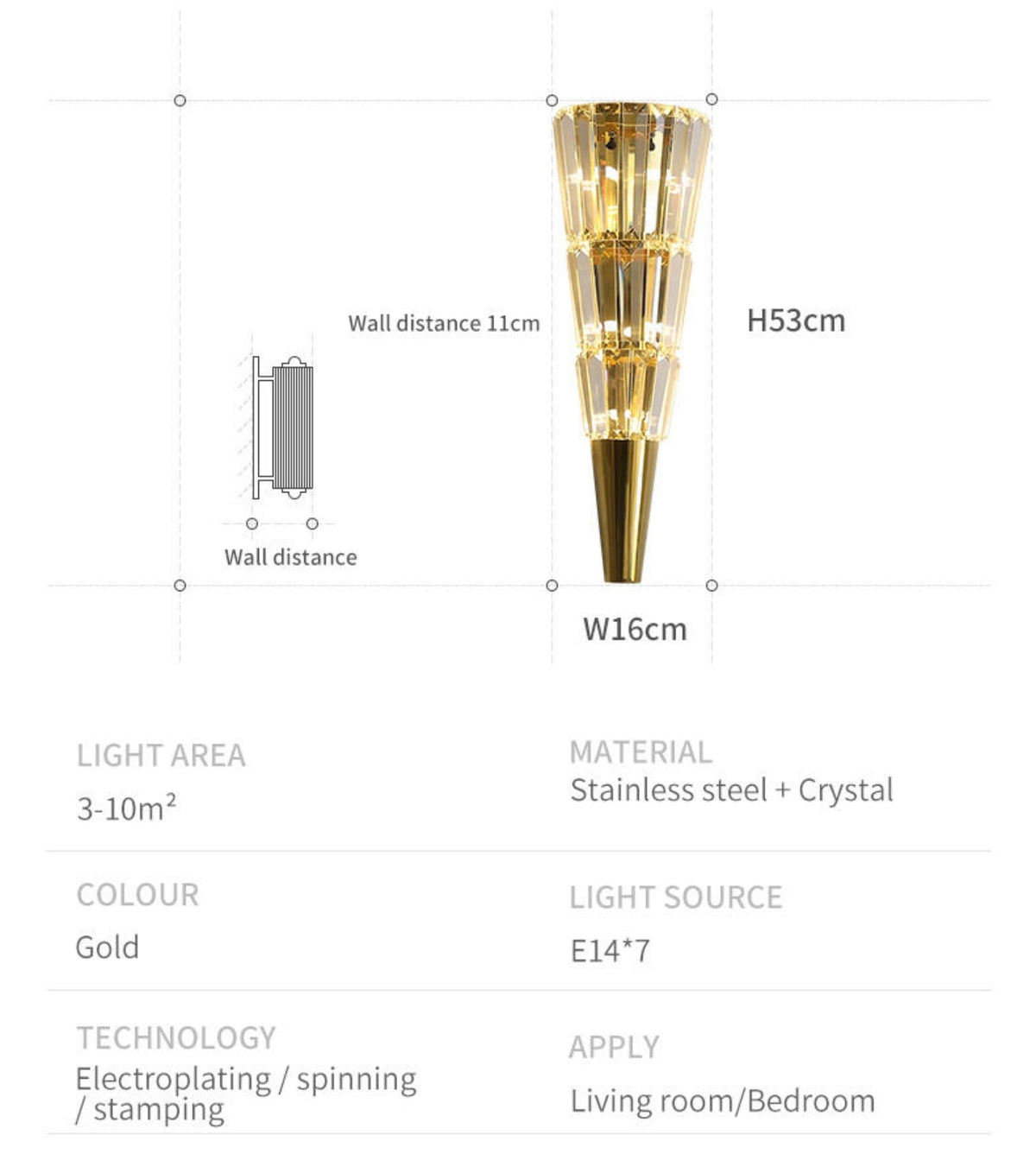 Crystal Cone Gold Wall Lamp - Reflect Lighting