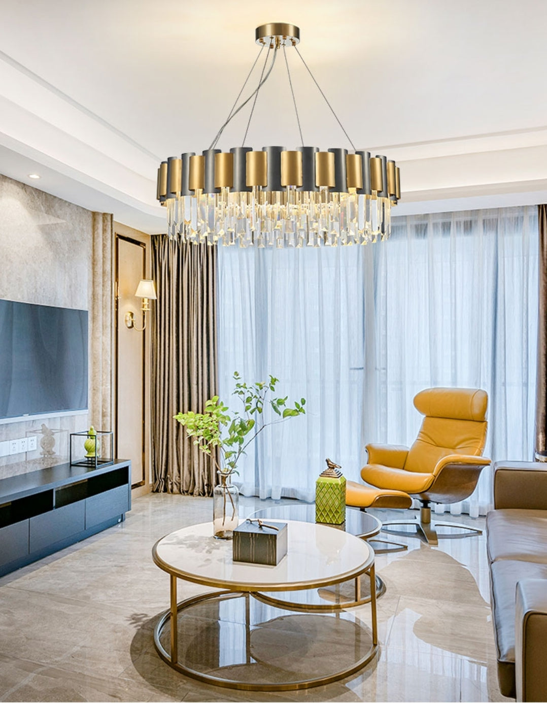 LurLine Gold & Grey Crystal Chandelier-Round/Rectangle - Reflect Lighting