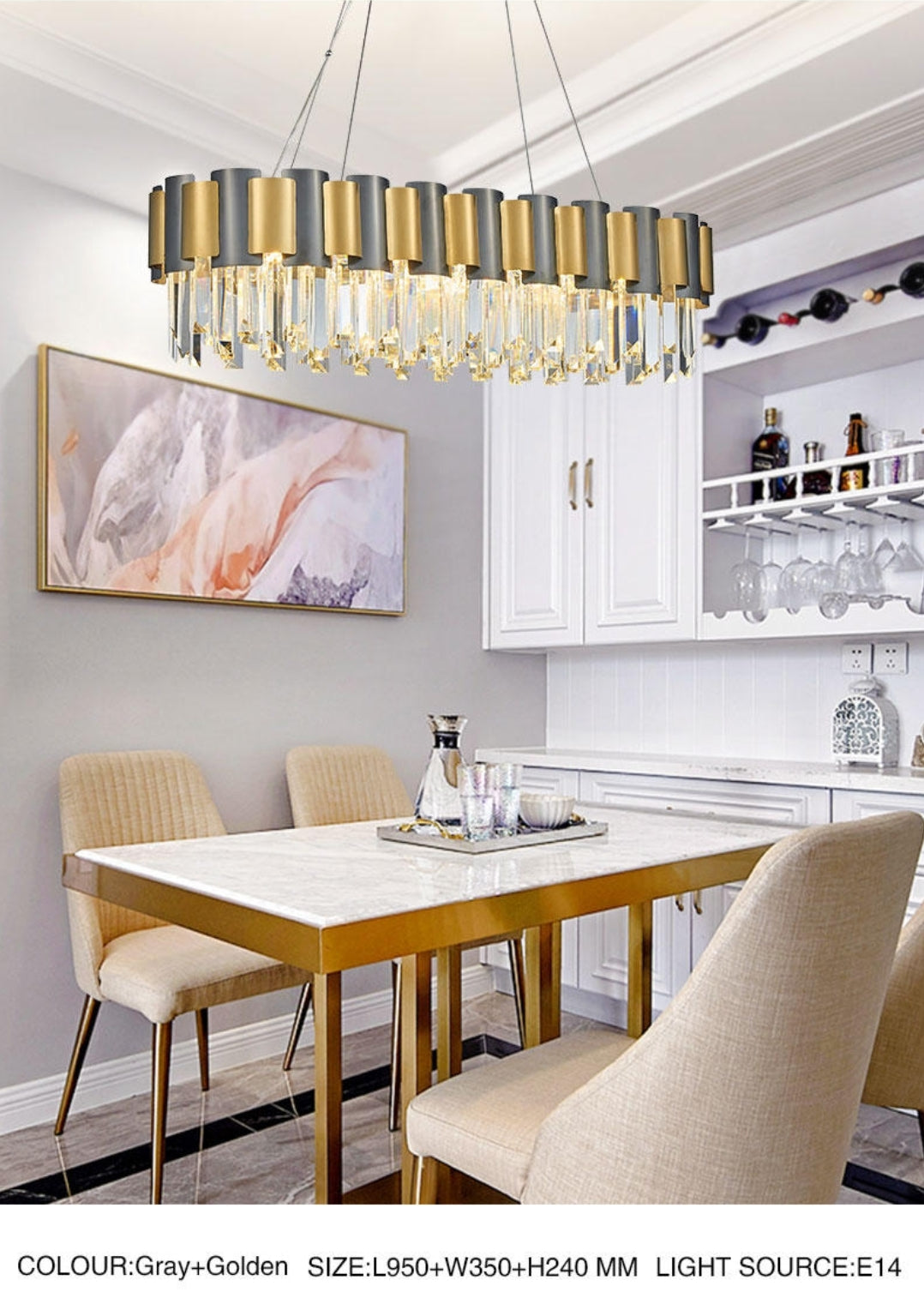 LurLine Gold & Grey Crystal Chandelier-Round/Rectangle - Reflect Lighting