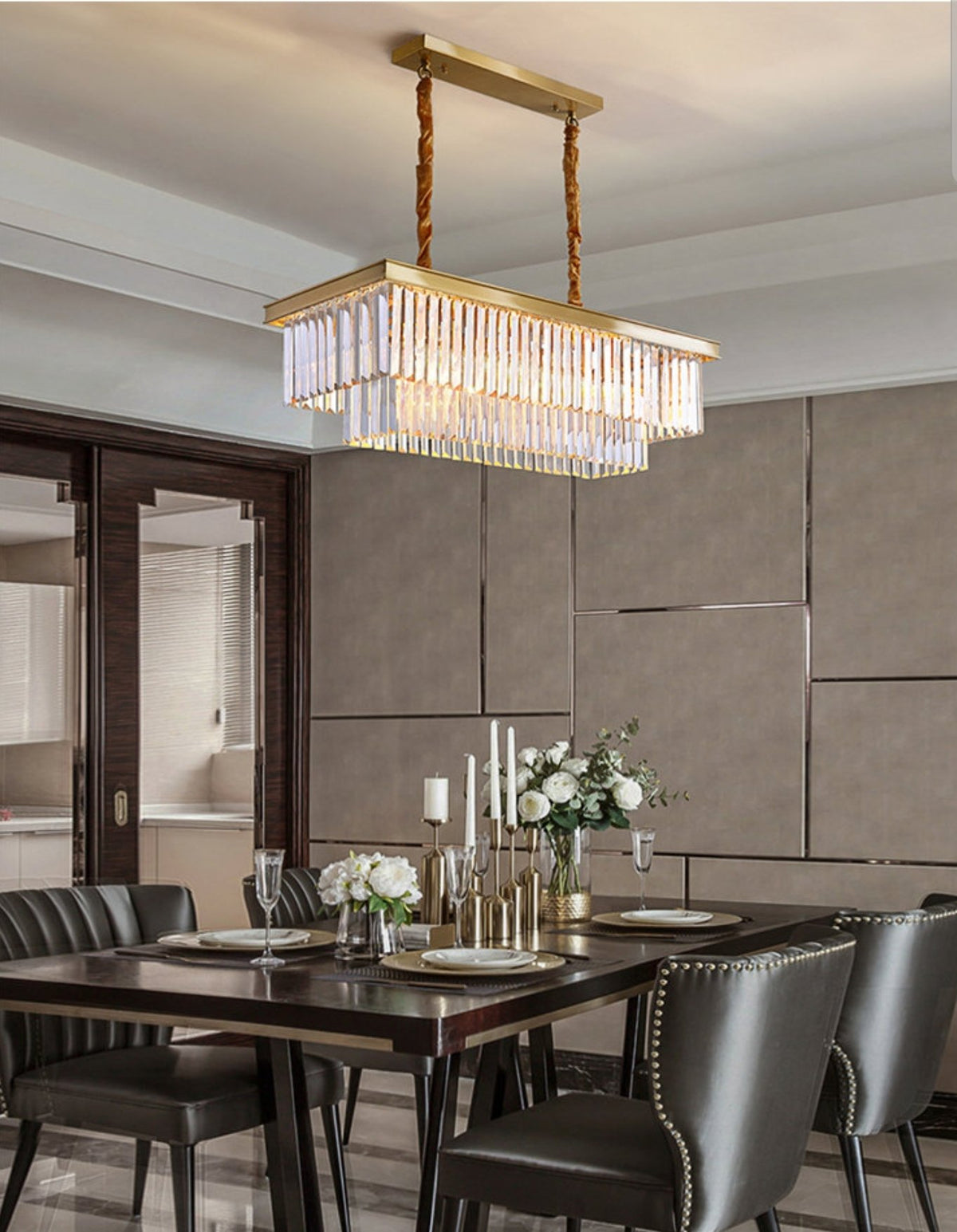 Gold Rectangular Crystal Flat Chandelier - Reflect Lighting