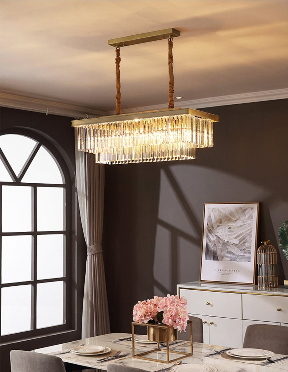 Gold Rectangular Crystal Flat Chandelier - Reflect Lighting