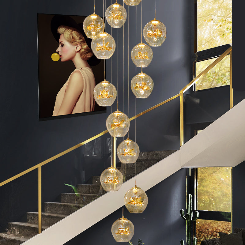 Cognac Eucalyptus Flower Crystal Staircase Chandelier - Reflect Lighting