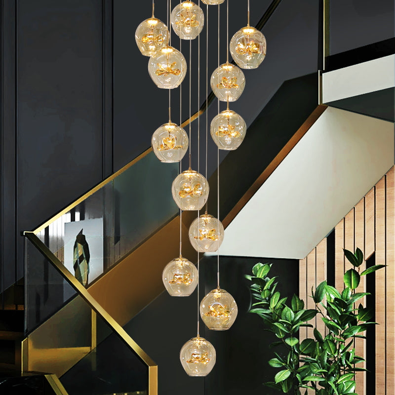 Cognac Eucalyptus Flower Crystal Staircase Chandelier - Reflect Lighting