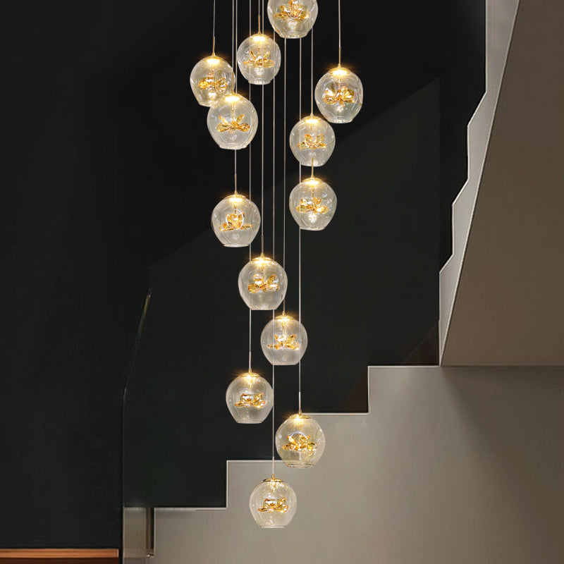 Cognac Eucalyptus Flower Crystal Staircase Chandelier - Reflect Lighting