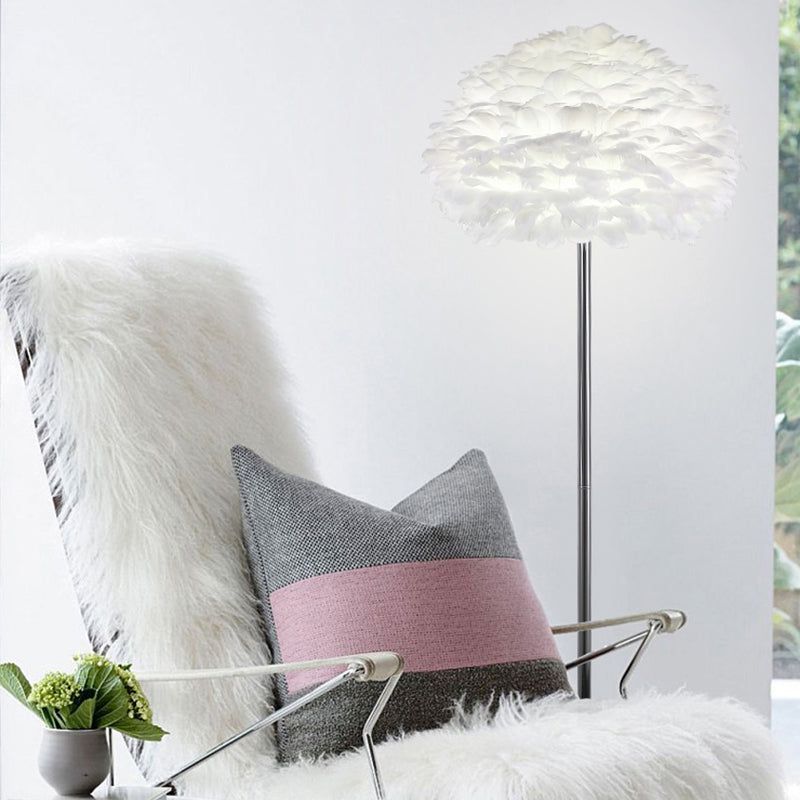 Ivory Feather Round Floor Lamp- Black/White/Chrome - Reflect Lighting