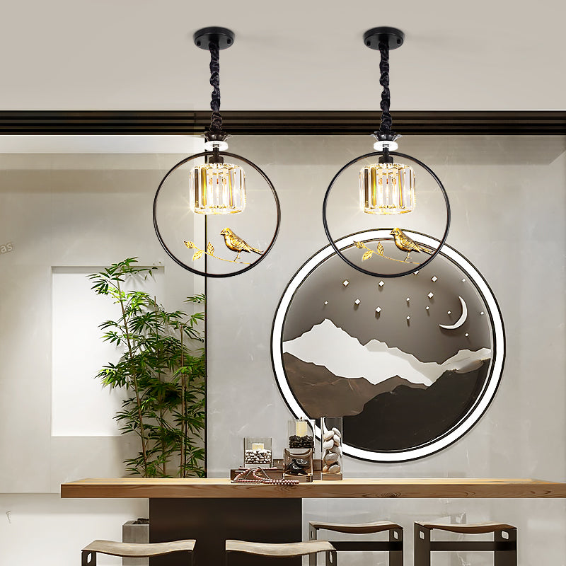 Round Crystal Thrush (Bird) Pendant Light-Gold/Black - Reflect Lighting