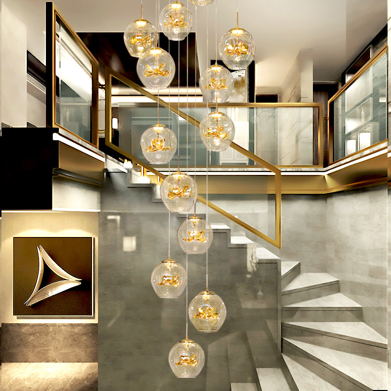 Cognac Eucalyptus Flower Crystal Staircase Chandelier - Reflect Lighting