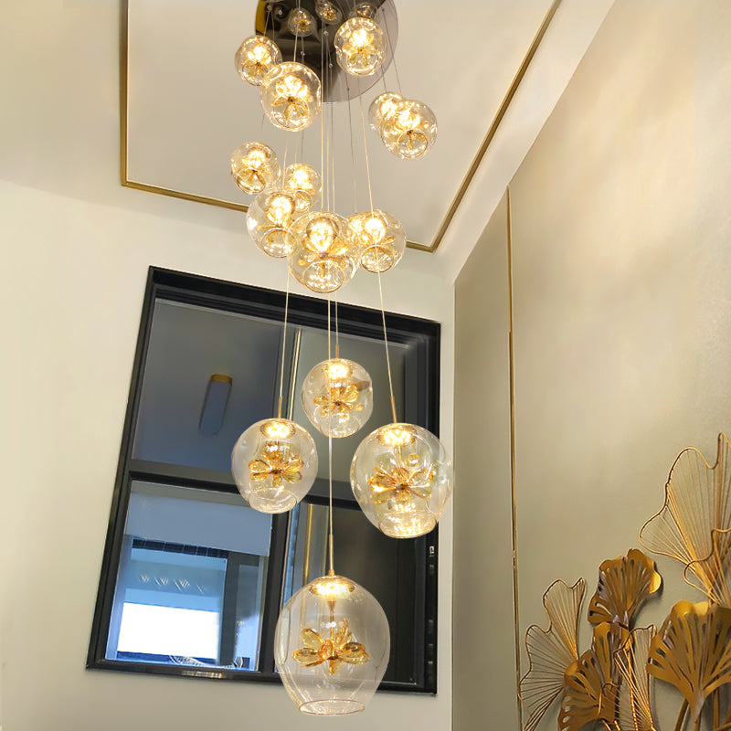 Cognac Eucalyptus Flower Crystal Staircase Chandelier - Reflect Lighting