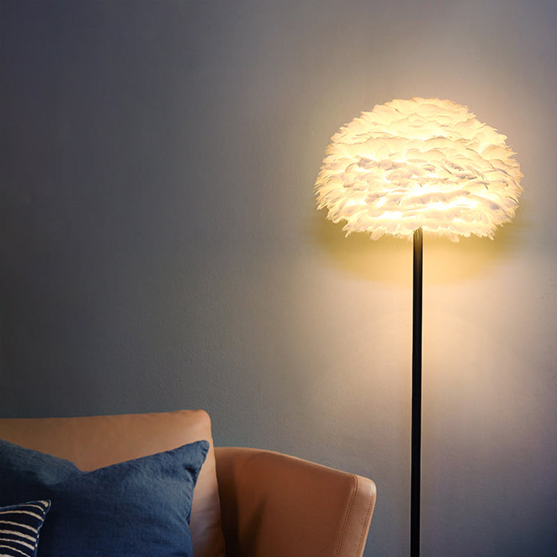 Ivory Feather Round Floor Lamp- Black/White/Chrome - Reflect Lighting