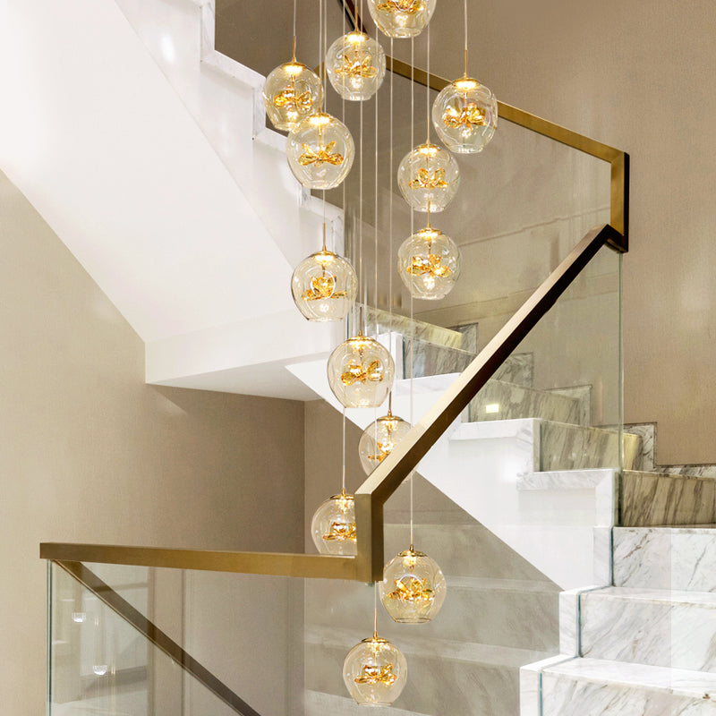 Cognac Eucalyptus Flower Crystal Staircase Chandelier - Reflect Lighting