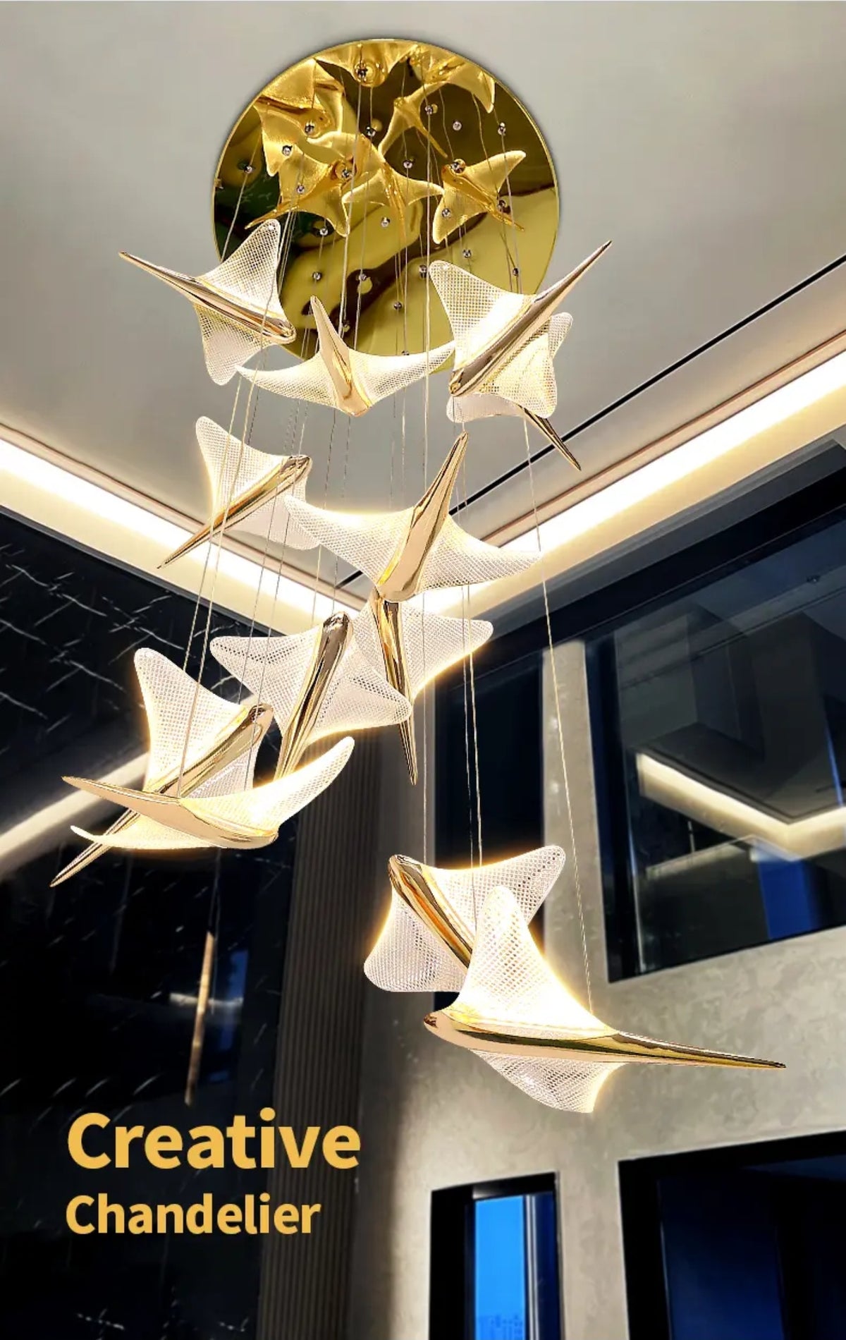 Celestara Golden Bird Staircase Chandelier