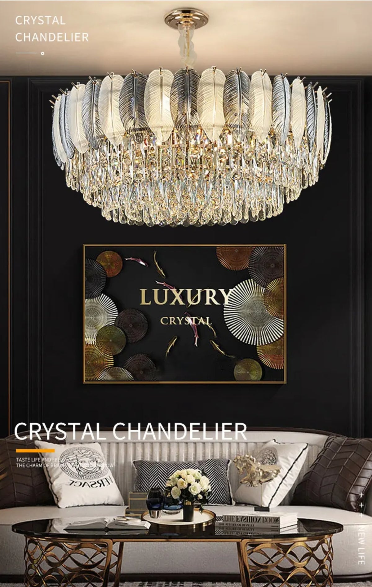 Radiara Feather Crystal Gold Chandelier