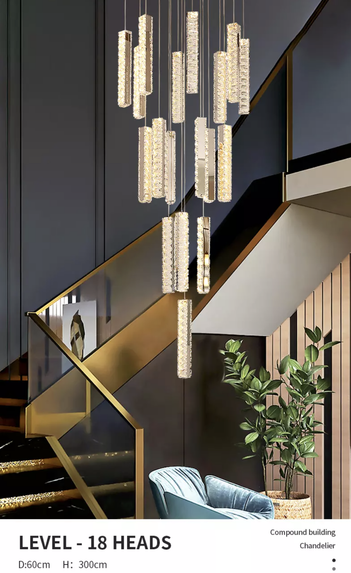 Thierry Vanesa Chrome Crystal Staircase LED Chandelier- 3 Patterns - Reflect Lighting