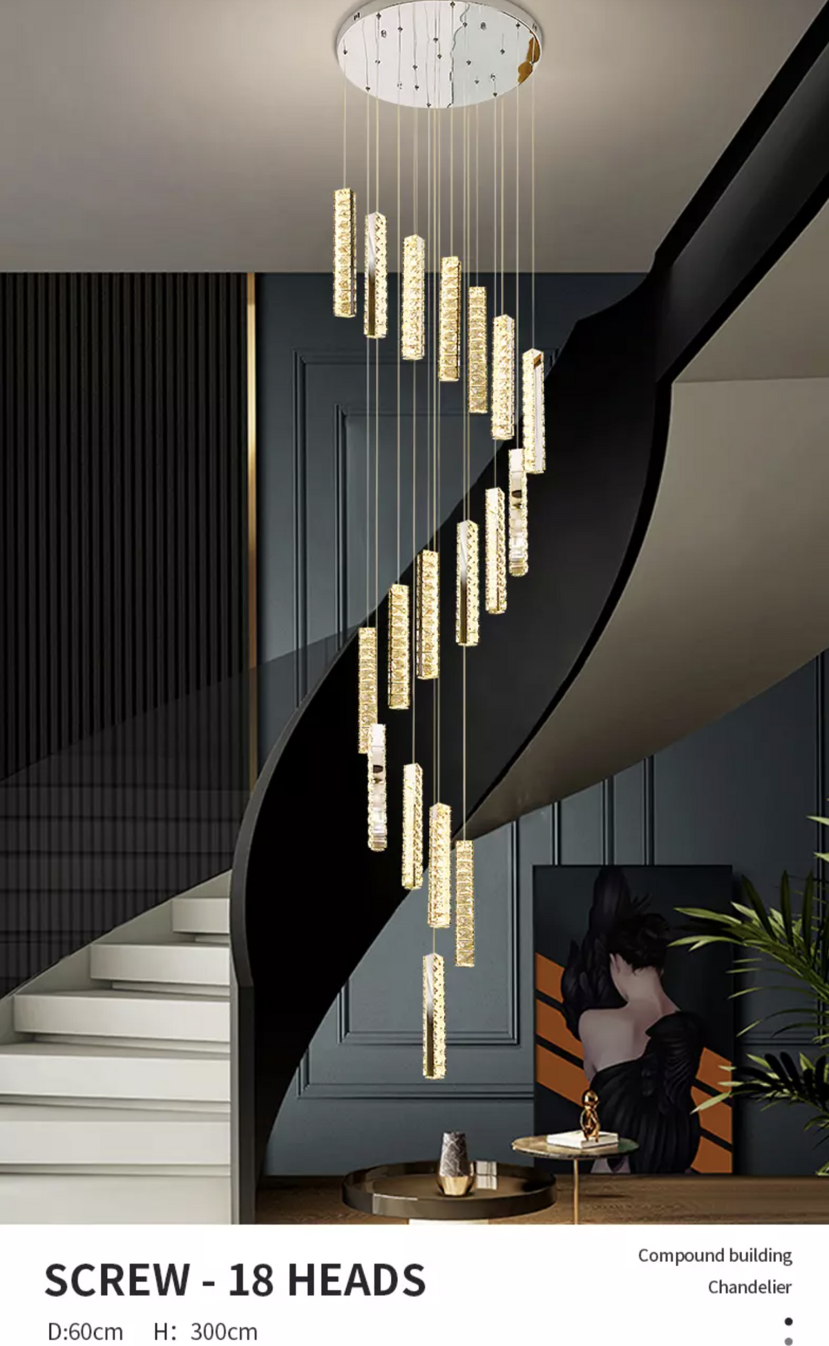 Thierry Vanesa Chrome Crystal Staircase LED Chandelier- 3 Patterns - Reflect Lighting