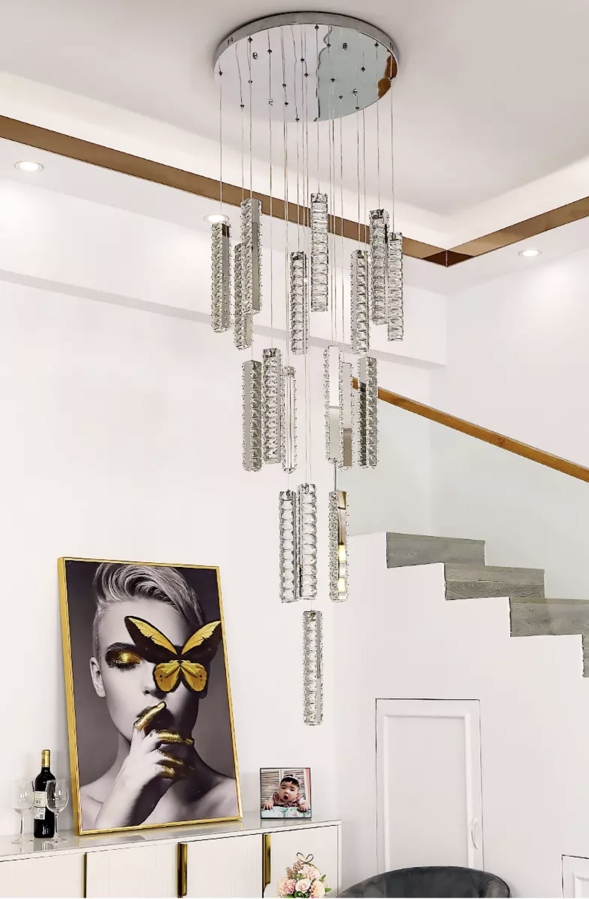 Thierry Vanesa Chrome Crystal Staircase LED Chandelier- 3 Patterns - Reflect Lighting