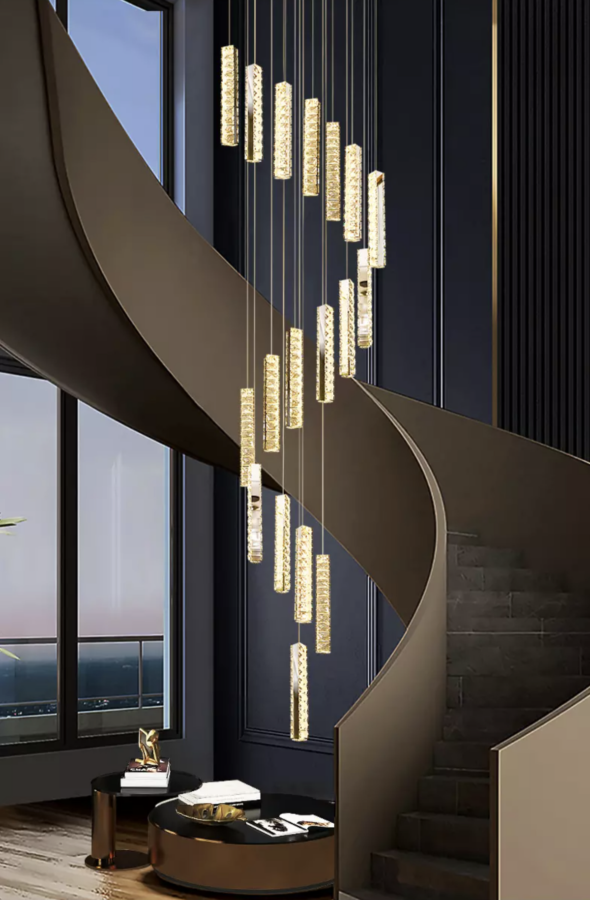 Thierry Vanesa Chrome Crystal Staircase LED Chandelier- 3 Patterns - Reflect Lighting