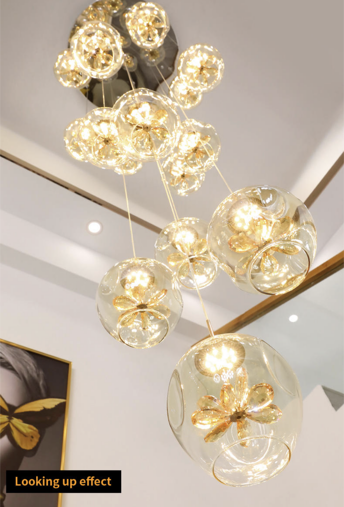 Cognac Eucalyptus Flower Crystal Staircase Chandelier - Reflect Lighting