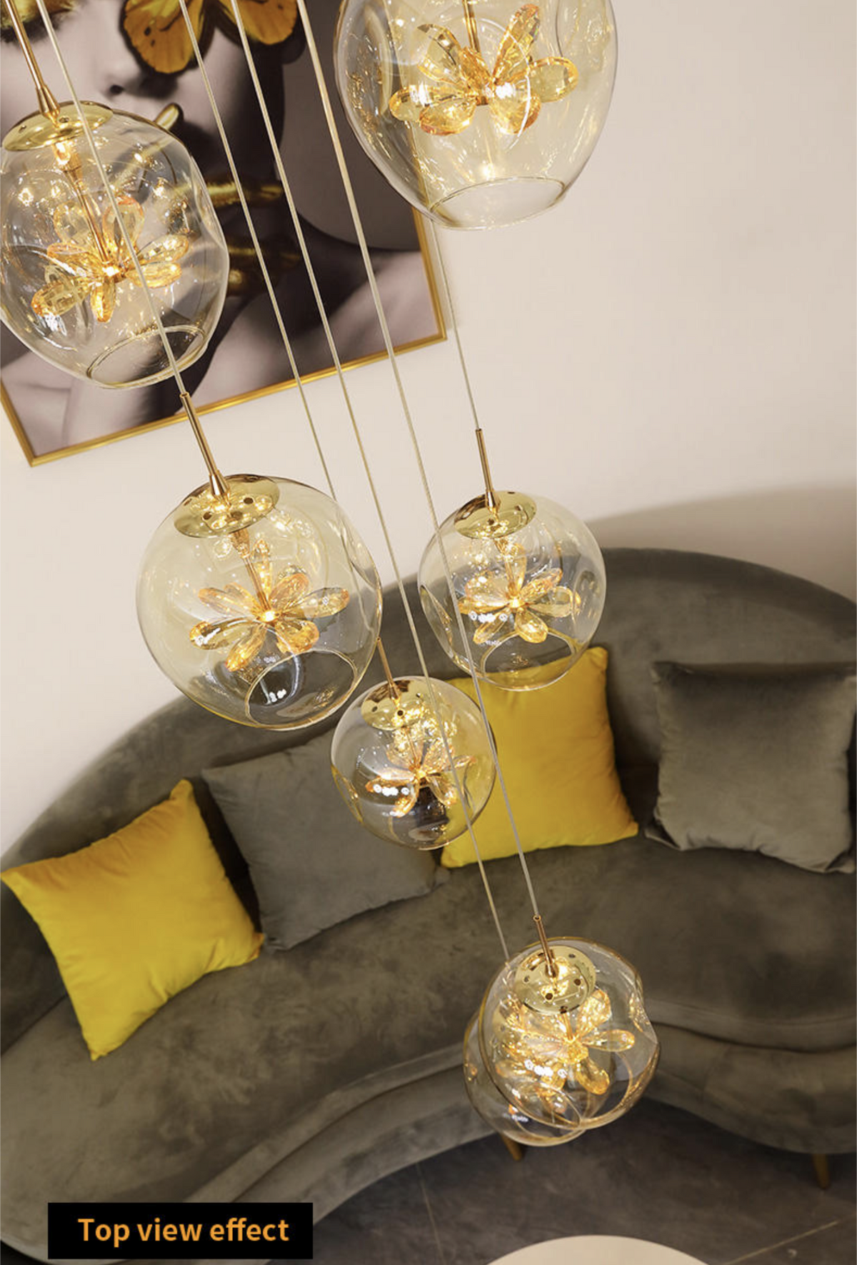 Cognac Eucalyptus Flower Crystal Staircase Chandelier - Reflect Lighting