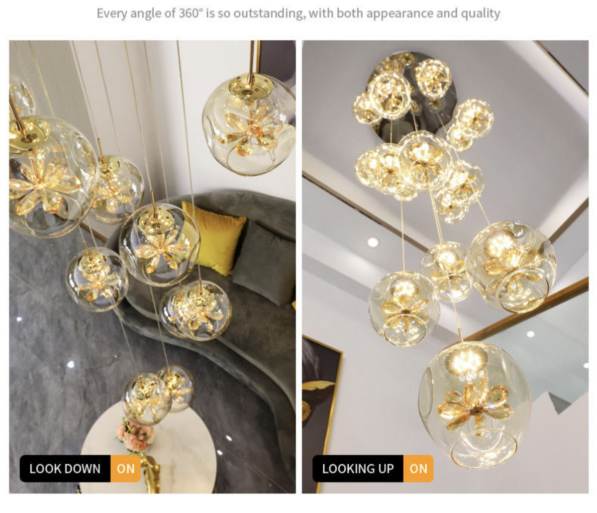 Cognac Eucalyptus Flower Crystal Staircase Chandelier - Reflect Lighting