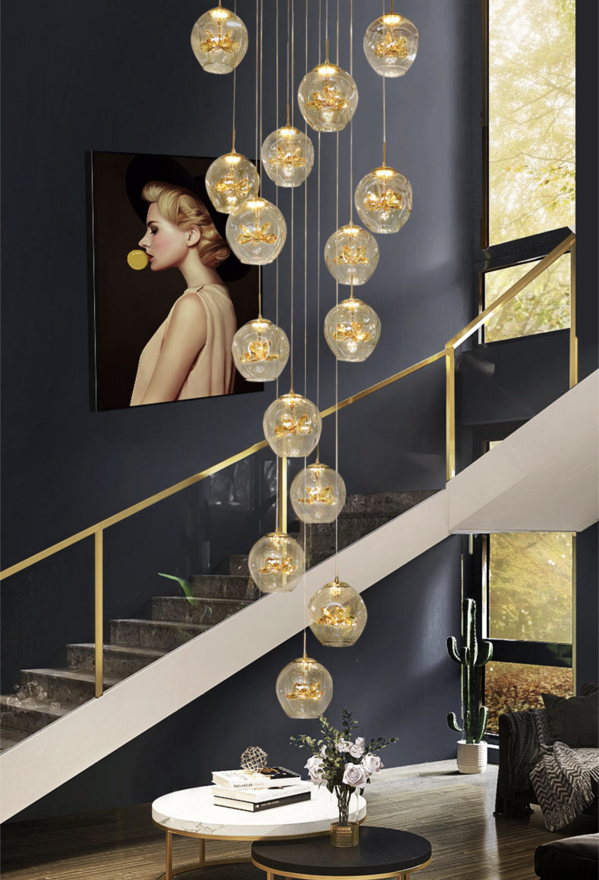 Cognac Eucalyptus Flower Crystal Staircase Chandelier - Reflect Lighting