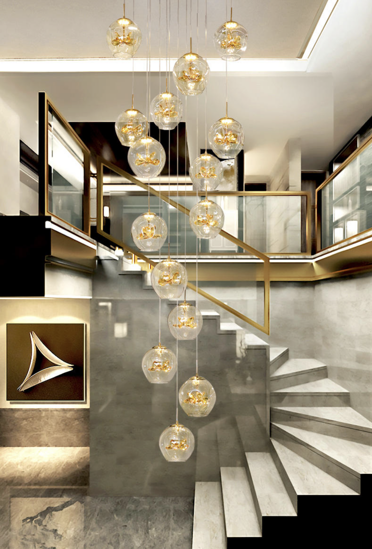 Cognac Eucalyptus Flower Crystal Staircase Chandelier - Reflect Lighting