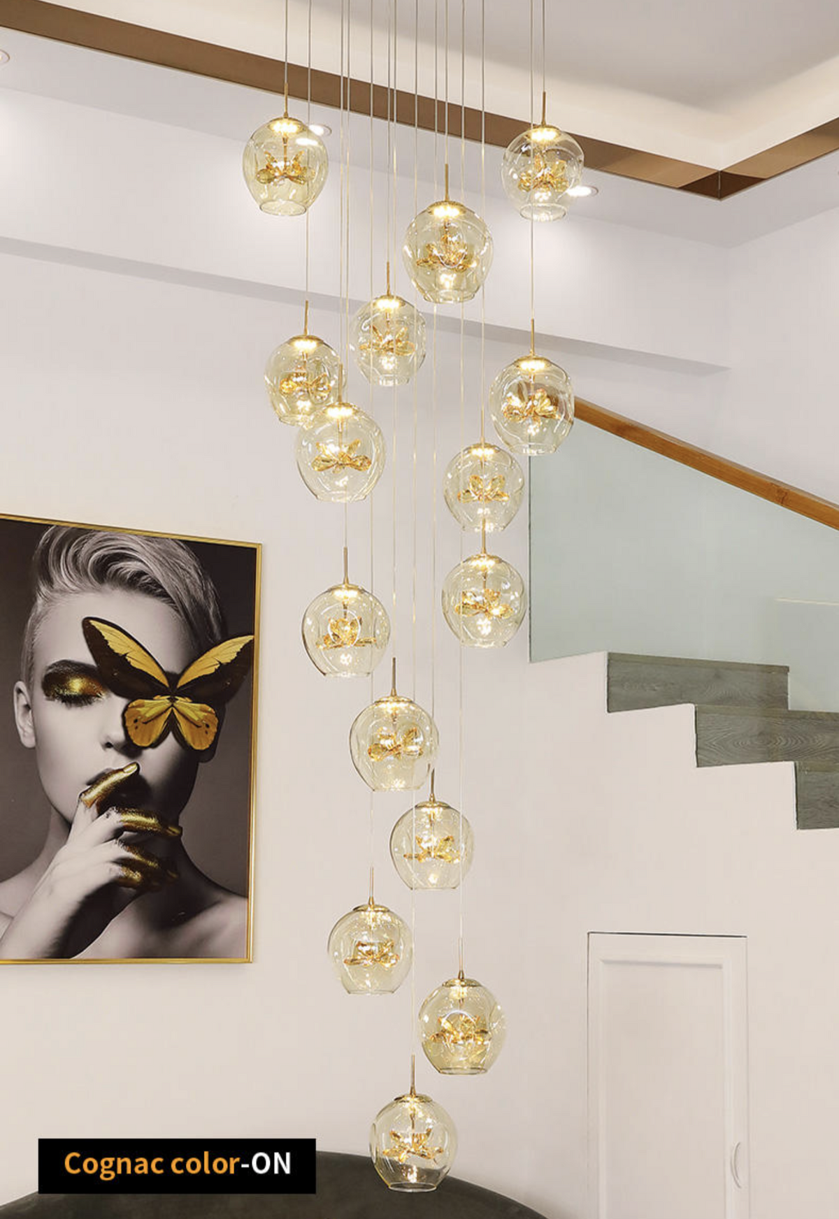 Cognac Eucalyptus Flower Crystal Staircase Chandelier - Reflect Lighting