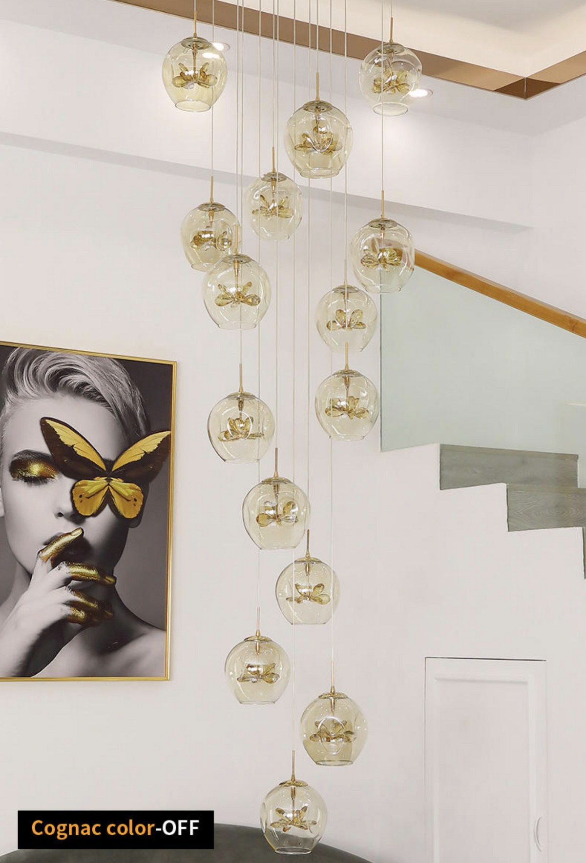 Cognac Eucalyptus Flower Crystal Staircase Chandelier - Reflect Lighting