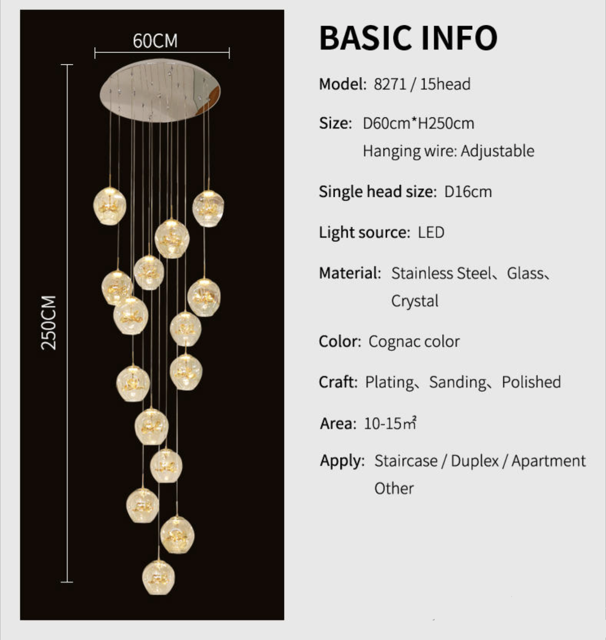 Cognac Eucalyptus Flower Crystal Staircase Chandelier - Reflect Lighting