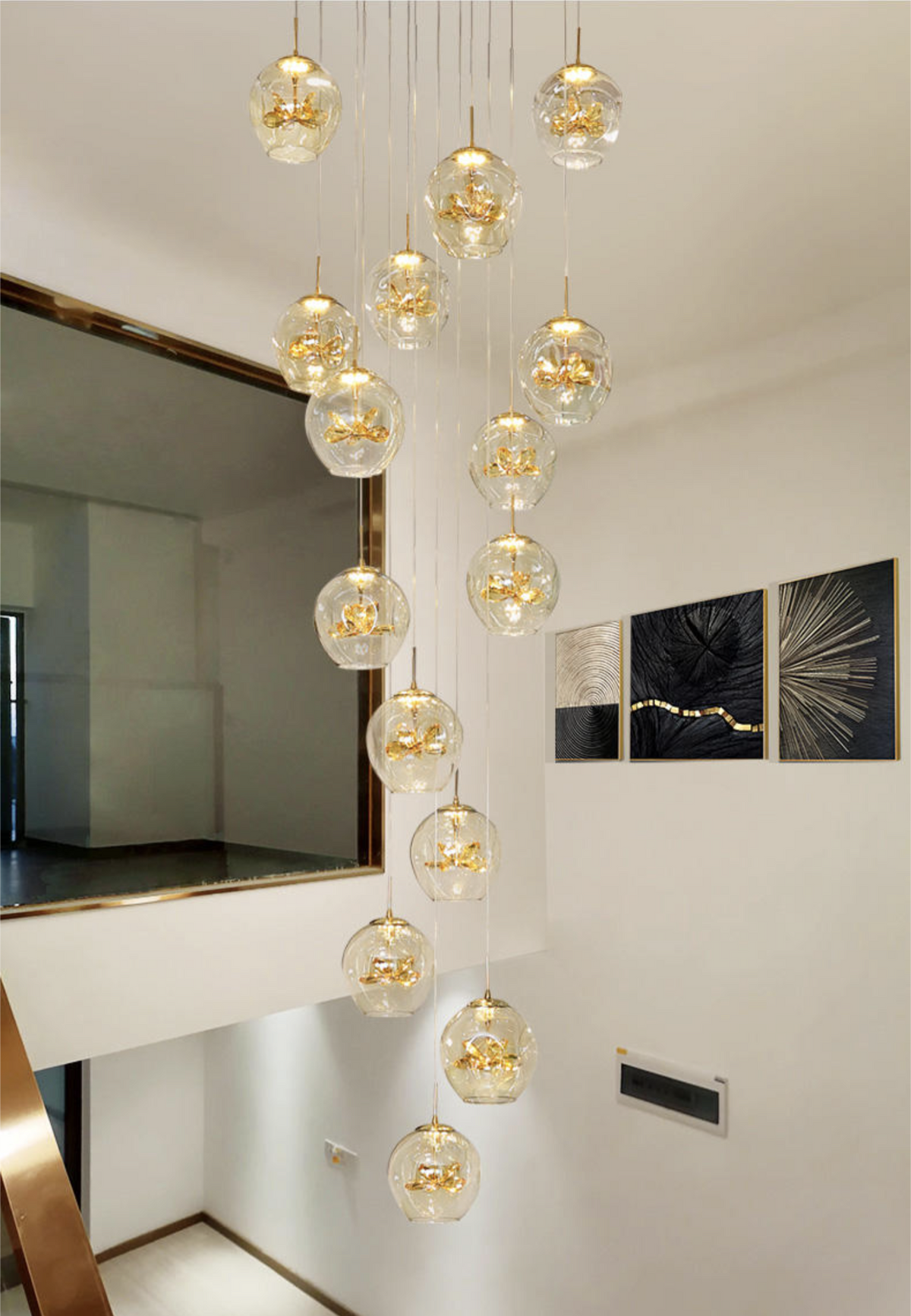 Cognac Eucalyptus Flower Crystal Staircase Chandelier - Reflect Lighting