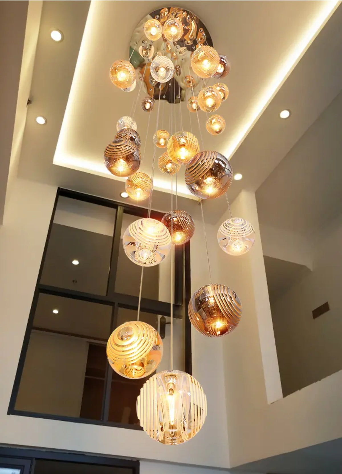 Eclipse Halo Staircase Chandelier-Smokey Grey, Cognac & Transparent