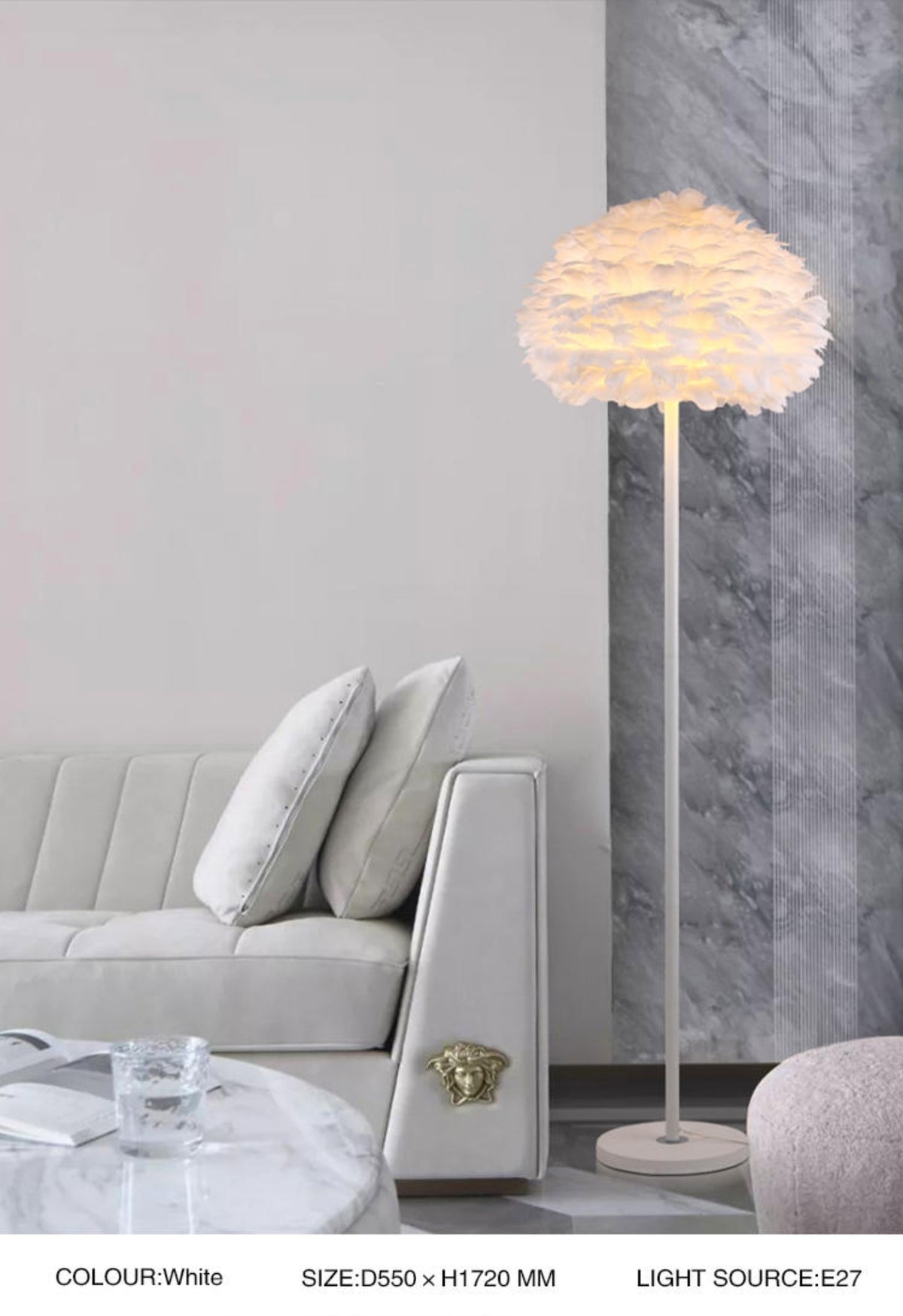 Ivory Feather Round Floor Lamp- Black/White/Chrome - Reflect Lighting