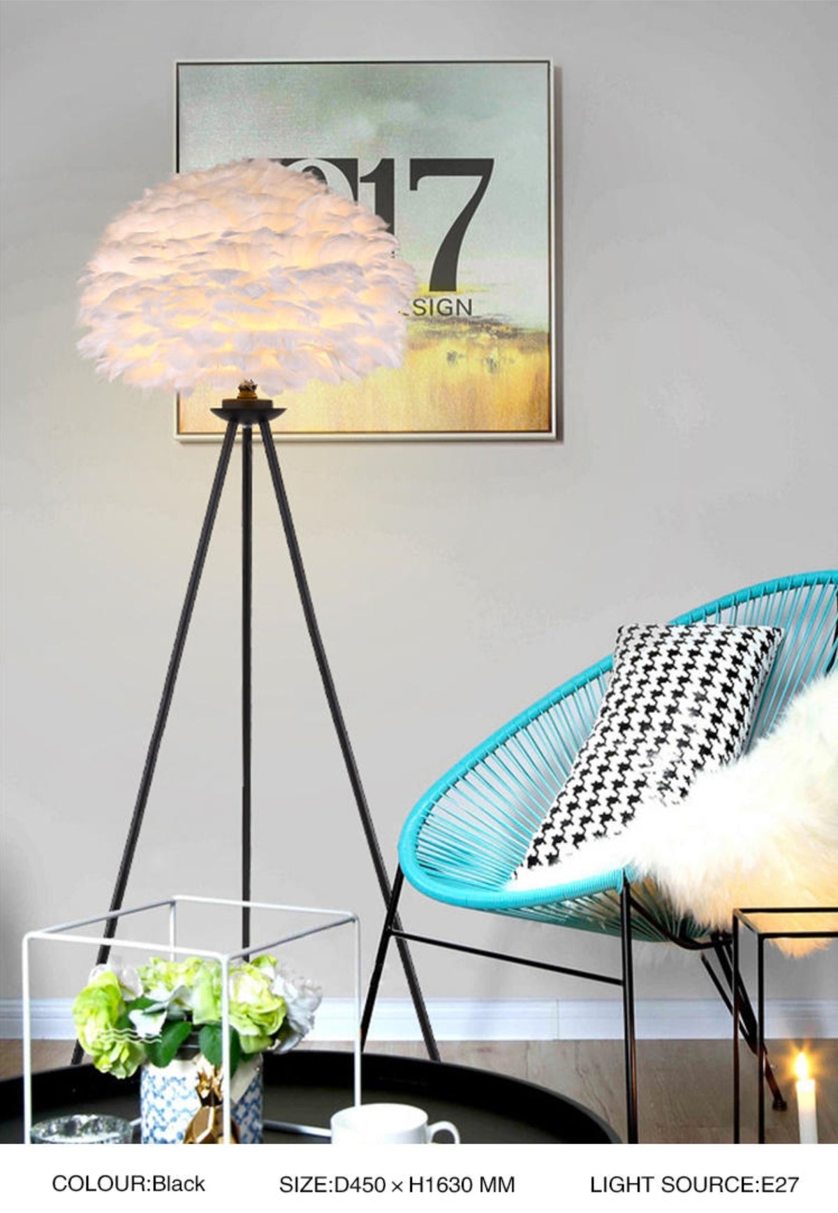 Ivory Feather Round Floor Lamp- Black/White/Chrome - Reflect Lighting