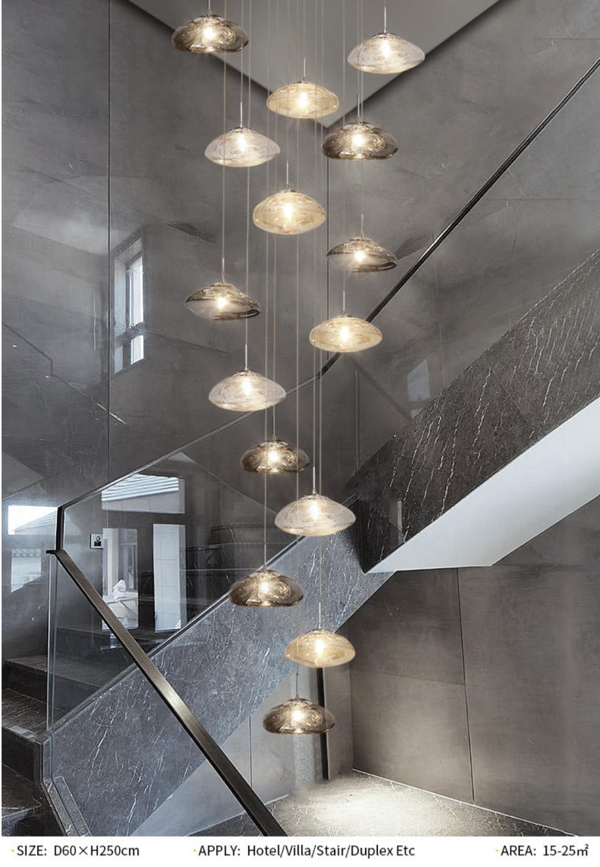 Chasse Lowther Staircase Chandelier- Smokey Grey, Cognac & Transparent - Reflect Lighting