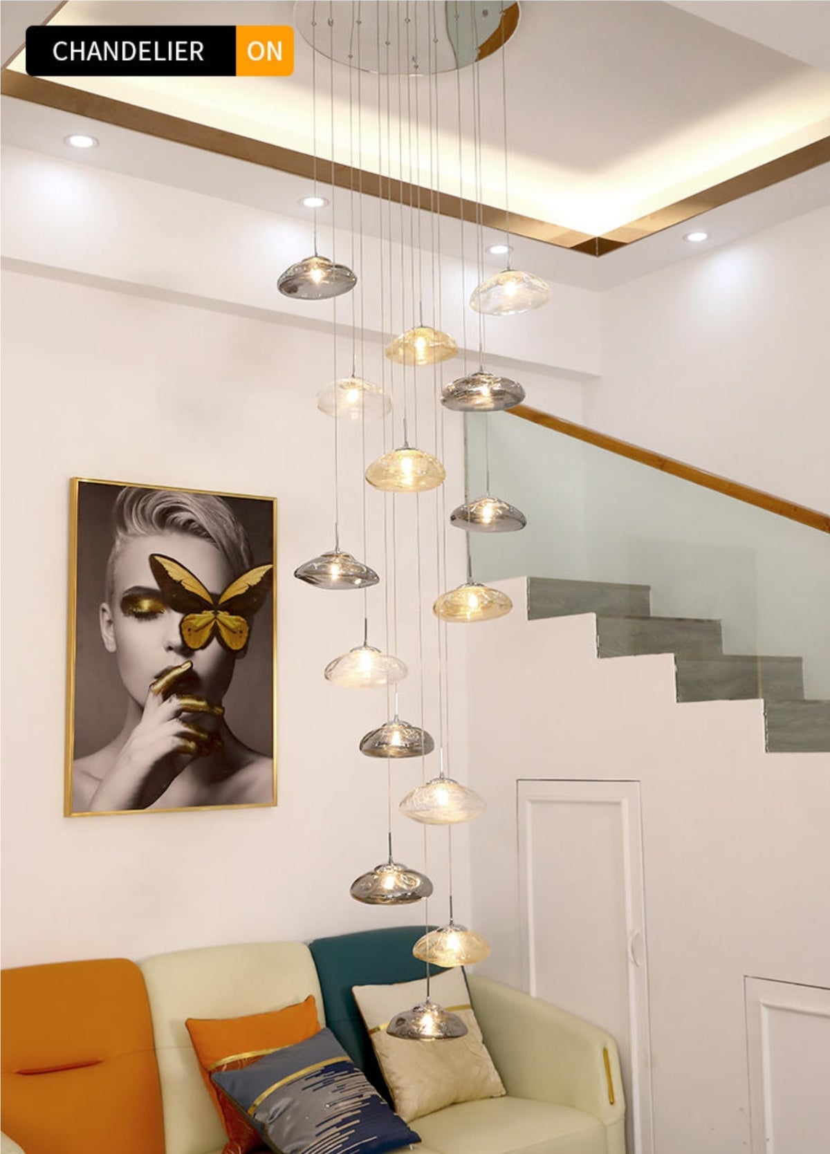 Chasse Lowther Staircase Chandelier- Smokey Grey, Cognac & Transparent - Reflect Lighting