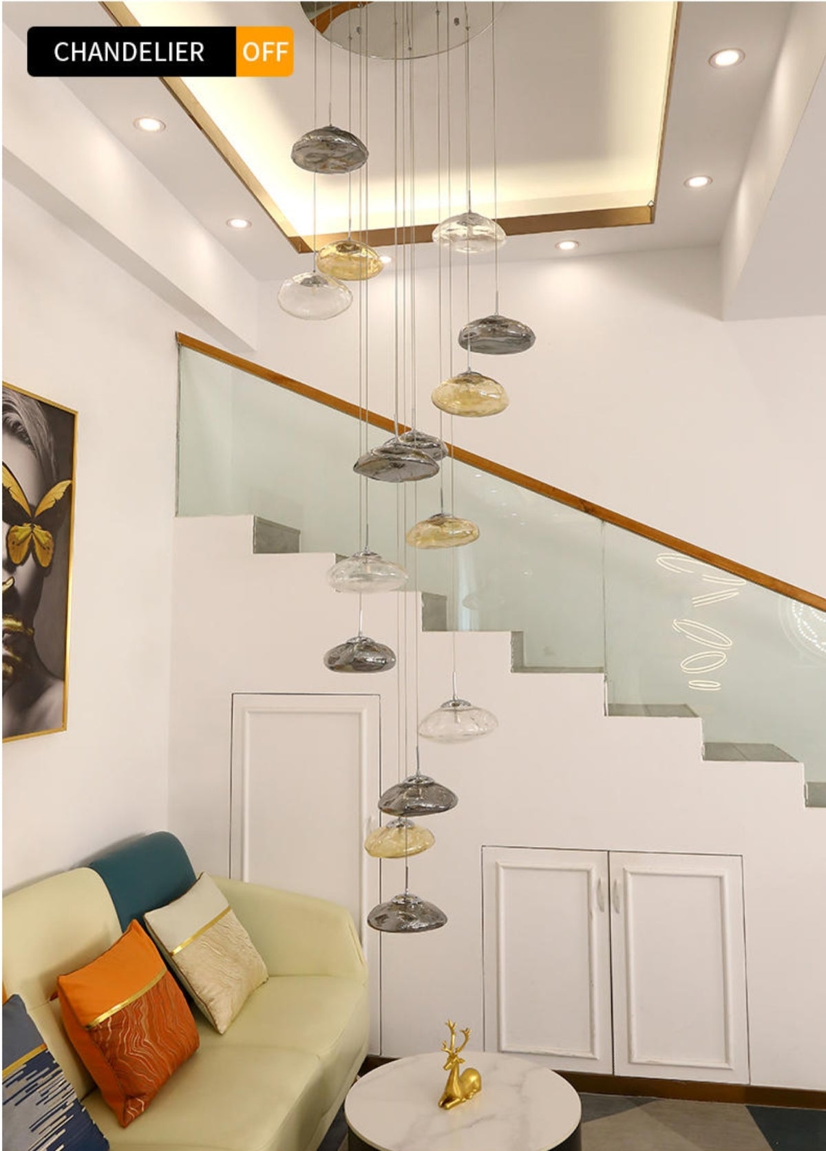 Chasse Lowther Staircase Chandelier- Smokey Grey, Cognac & Transparent - Reflect Lighting