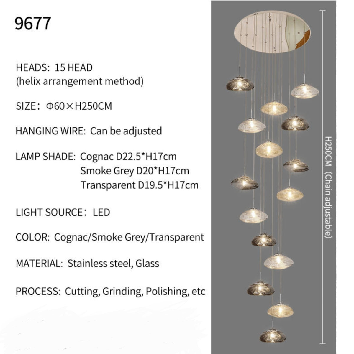 Chasse Lowther Staircase Chandelier- Smokey Grey, Cognac & Transparent - Reflect Lighting