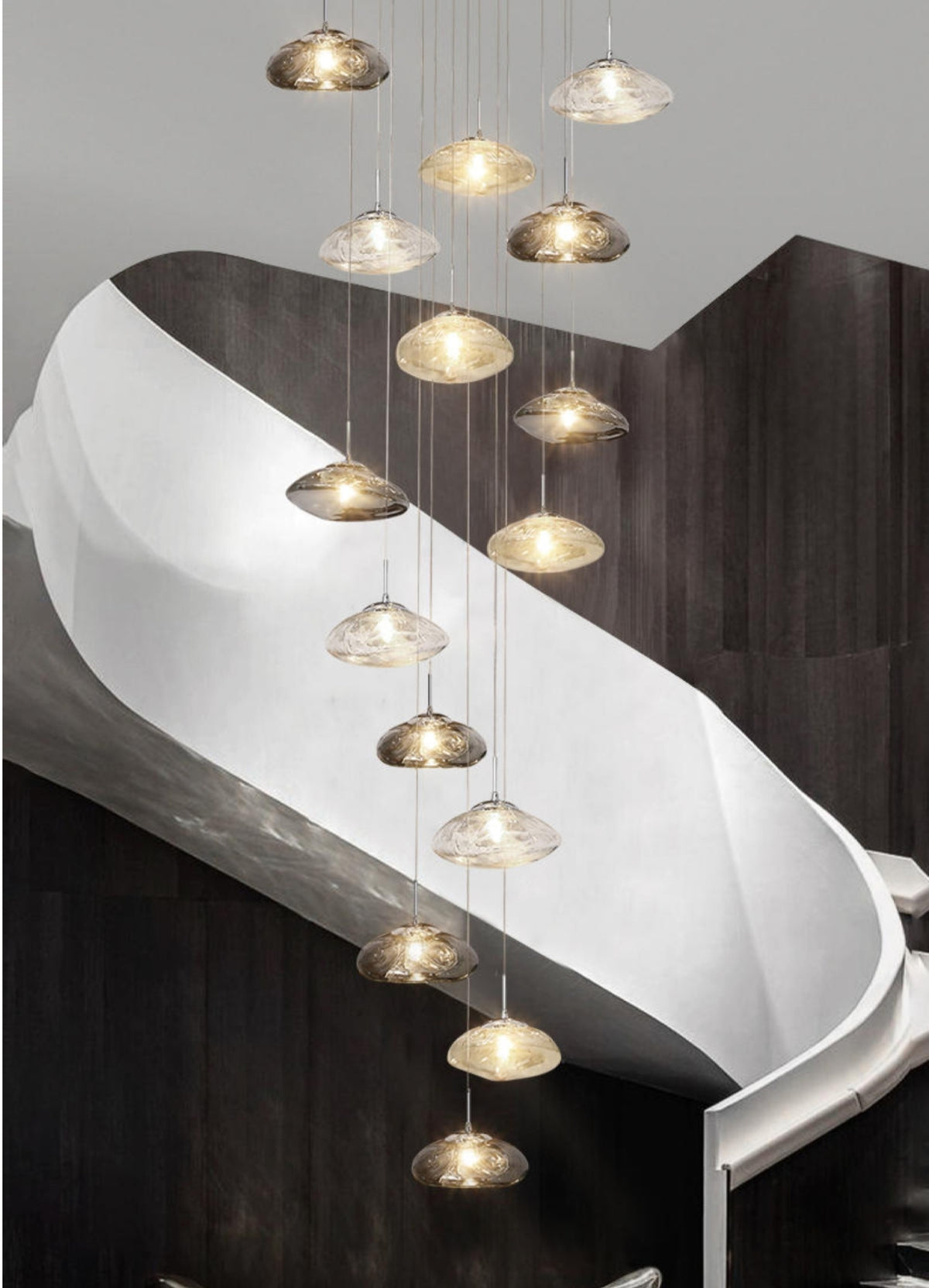 Chasse Lowther Staircase Chandelier- Smokey Grey, Cognac & Transparent - Reflect Lighting